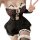 Woman wearing suoqing sexy lingerie skirt — shiny black cat-eye uniform dress with white lace trim and mesh details, posing p...