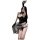 A stylish woman poses wearing a black mirror-finish corset top paired with a plaid skirt, fishnet stockings, and gloves, embo...
