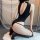 Woman wearing black open-crotch bodysuit with back cutout, kneeling on white rug—suoqing sexy schoolgirl uniform with bondage...