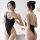 Woman modeling black suoqing sheer ice silk bodysuit with open-crotch, high-neck, and tight-fit swimwear style lingerie.