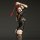 Woman wearing black sheer mesh bodysuit with short sleeves and open-crotch design, holding red devil horns prop.