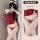 Woman modeling suqing vintage red bodysuit with sheer embroidered details and adjustable straps, paired with matching lingeri...