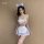 Sweet maid costume set featuring lace lingerie with ruffled trim, perfect for french maid roleplay, adding a touch of flirty ...