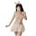 Woman modeling sweet & spicy sheer lace lingerie set with floral mesh bra, ruffled panty, bunny ears, and lace thigh highs.