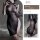 Sexy black cheongsam lingerie with sheer mesh design, high-waist slit, bold elegance.