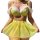 Yellow lace lingerie set with floral mesh mini skirt and sheer bra, perfect for playful roleplay.