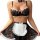Sexy sheer lace maid costume set featuring black lace top with white trim, matching skirt, and white apron for womens role pl...
