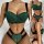 Woman modeling a three-piece green lace lingerie set with push-up bodysuit and thong, featuring sheer detailing and black str...