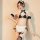 Woman modeling a three-piece sexy maid costume set with black bra, white apron skirt, and lace accessories for adult roleplay...