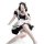 A woman poses wearing a black and white maid costume, featuring ruffled sleeves, lace details, and stockings, perfect for cos...