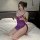 Woman kneeling on bed wearing purple tonaer sexy lace chemise with sheer mesh babydoll nightgown set, no-remove intimate ling...