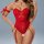 Woman wearing red transparent lace lingerie set with sheer push-up bralette and matching garter belt.