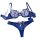 Blue transparent mesh lace bra set with embroidered sheer cups and matching thong, featuring a sexy push-up design.