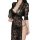 Woman wearing black lace lingerie set with sheer robe, high slit dress, and garter belt for couples.