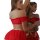 Trendy red off-shoulder lingerie set with ruffle trim and gold sparkle belt detail.