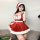 Sexy velvet christmas lingerie set featuring a festive santa hat, red dress with white trim, and fishnet stockings, perfect f...