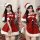 Two models wearing festive christmas red velvet lingerie sets, featuring santa hats and waist cinching capes, perfect for hol...