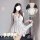 Vintage bow lace sleep dress with built-in pads, deep v-neck, backless design, elegant satin nightgown for women