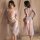 Woman modeling vintage chinese-inspired lace see-through qipao lingerie set, featuring modern hanfu design with floral embroi...