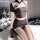 Vintage chinese-style lingerie set - silk-look cheongsam bodysuit with lace trim & sheer mesh