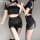 Vintage chinese-style lingerie set - silk-look cheongsam bodysuit with lace trim & sheer mesh