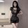 Vintage-inspired lace cheongsam lingerie set featuring sheer mesh design, elegant crisscross detailing, perfect for women see...