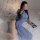 Vintage-inspired lace-trimmed cheongsam sleepwear set featuring sexy split hem silk look nightdress for women.