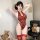 Woman modeling red vintage lace bodysuit with sheer retro qipao-inspired design, paired with matching thigh-high stockings.
