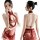 Woman modeling red vintage lace cheongsam sleep dress with sheer mesh, floral embroidery, and cross-breast design.
