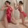 Elegant vintage red lace cheongsam lingerie with high waist design, featuring delicate floral patterns and split back detail ...