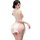 Woman wearing white open-front lace dress with high slit, tight fit costume sleepwear for women.
