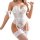 Woman modeling a white shapewear bodysuit with bow silk ties, paired with lace stockings, showcasing the sexy lingerie set.