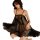 Woman wearing black wild rose sheer lace sleep dress with floral details and matching thong set, elegant sensual nightwear.