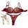 Wine red plus size lingerie set featuring sheer mesh bra and panty with lace cutouts, paired with a pearl necklace and bow.