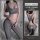 Woman modeling gray winnas open-crotch yoga pants with matching sports bra, showcasing seductive fitness lingerie set for out...