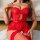 Woman wearing red lace bodysuit with garter straps and split design, showcasing wish - sexy lace bodysuit for women.