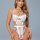 Woman wearing white sheer mesh bodysuit with butterfly details and push-up cups, featuring tight-fitting shapewear design.