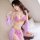 Woman modeling pink lace lingerie set with gold trim, elegant vintage style for small bust, perfect for date night or bedroom...