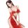 Woman wearing red lace lingerie set with gold jewelry and headpiece, elegant vintage-inspired design for intimate occasions.