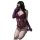 Womens purple lace bodysuit with bow detail, sheer open-crotch design, paired with long gloves for a sexy date night look.