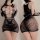 Black lace bodysuit with sheer mesh stockings, featuring intricate floral patterns and a seductive design for women.