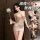 Woman modeling a white lace bodysuit with sheer mesh stockings, holding a feather wand. includes inset images showing back an...