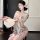 Woman wearing sheer butterfly print kimono set with lace trim, open-front design, and thigh-high stockings with bows.