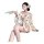 Woman wearing sheer butterfly print kimono set with lace details, open front design for small bust, sensual sleepwear.