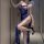 Woman in blue lace slip dress with side slit and delicate trim, posing elegantly indoors. modest yet alluring sleepwear style...