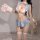 Womens bunny girl lingerie set with blue dress, white bra, paw gloves, and open-crotch design for role play.