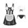 Womens seductive maid costume set featuring a black and white dress with lace details, matching headband, and bikini top, per...