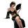 Woman in black luxury lingerie set with fringe and gold accents, holding a fan. elegant exotic underwear for mature women.