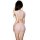 Woman wearing pink sheer bodysuit with bow-tie back and thong cutout, featuring lace detailing and deep v design.