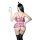 Woman wearing purple lace babydoll set with sheer mesh, open-crotch design, and black thigh-highs, holding phone.